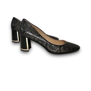 Black Leather Shoes with Gold Trimmed Heels 8